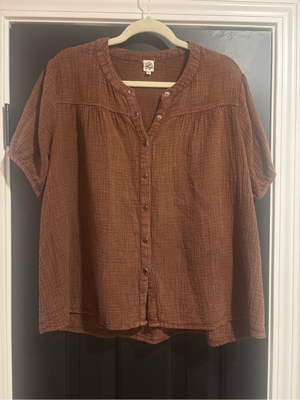 ivy jane Short-Sleeve Button-Down Top — Brown. This top is oversized.